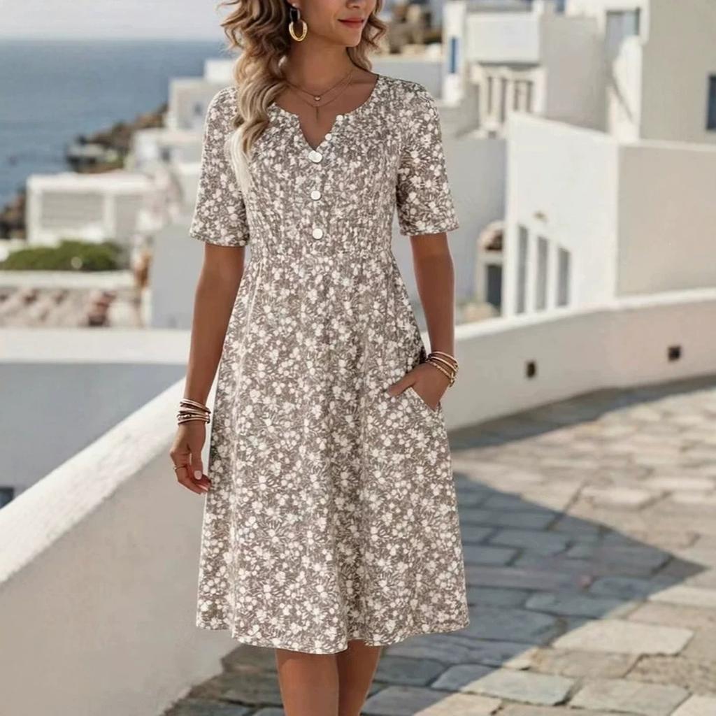 Abito midi da donna con stampa floreale, scollo a V e maniche corte