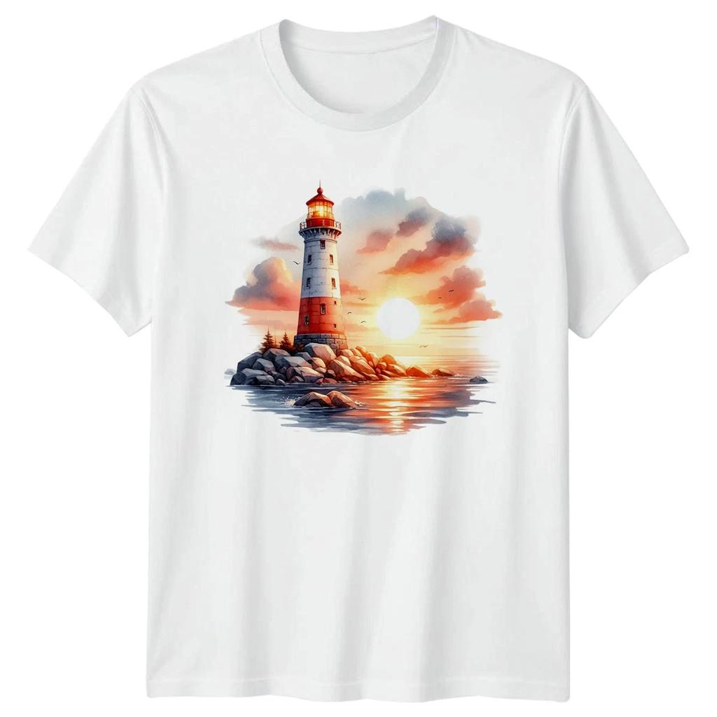Lighthouse Sunset Landmarks Coastal Mens T-Shirt Womens Tee Graphic Unisex Top