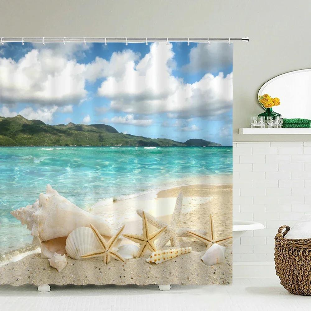 Seascape Beach Shower Curtains Bathroom Shower Curtain 3D Fabric Curtain Waterproof Curtain Easy To Install, Smooth and Silent