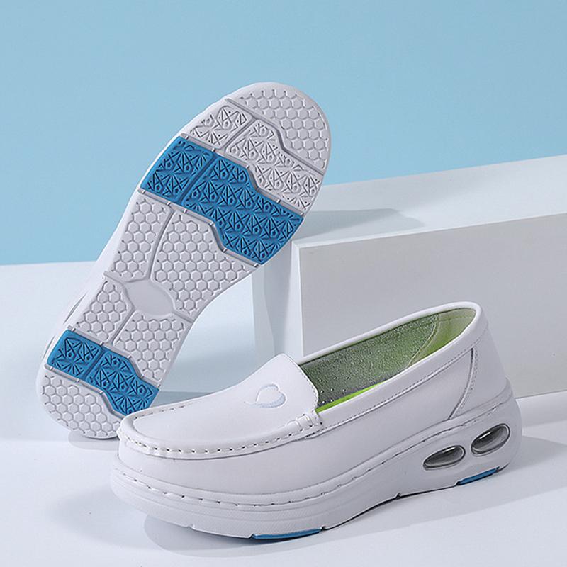 Women Massage Insole Genuine Leather Hollow Breathable Anti-Slip Swing Shoes Half Palm Air Cushion Platform Nurse Work Shoes