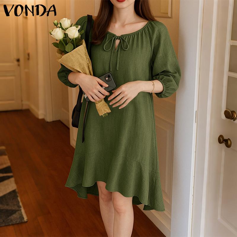 VONDA Women Casual Round Neck 3/4 Sleeve Irregular Ruffled Tunic Dress