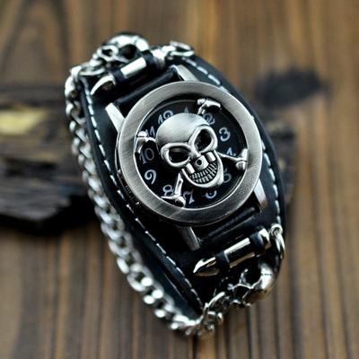 Moda Męska Damska Czarna Punk Rock Retro Unisex Łańcuszek Czaszka Skórzane Zegarki na Rękę Gotycka Bransoletka AVE