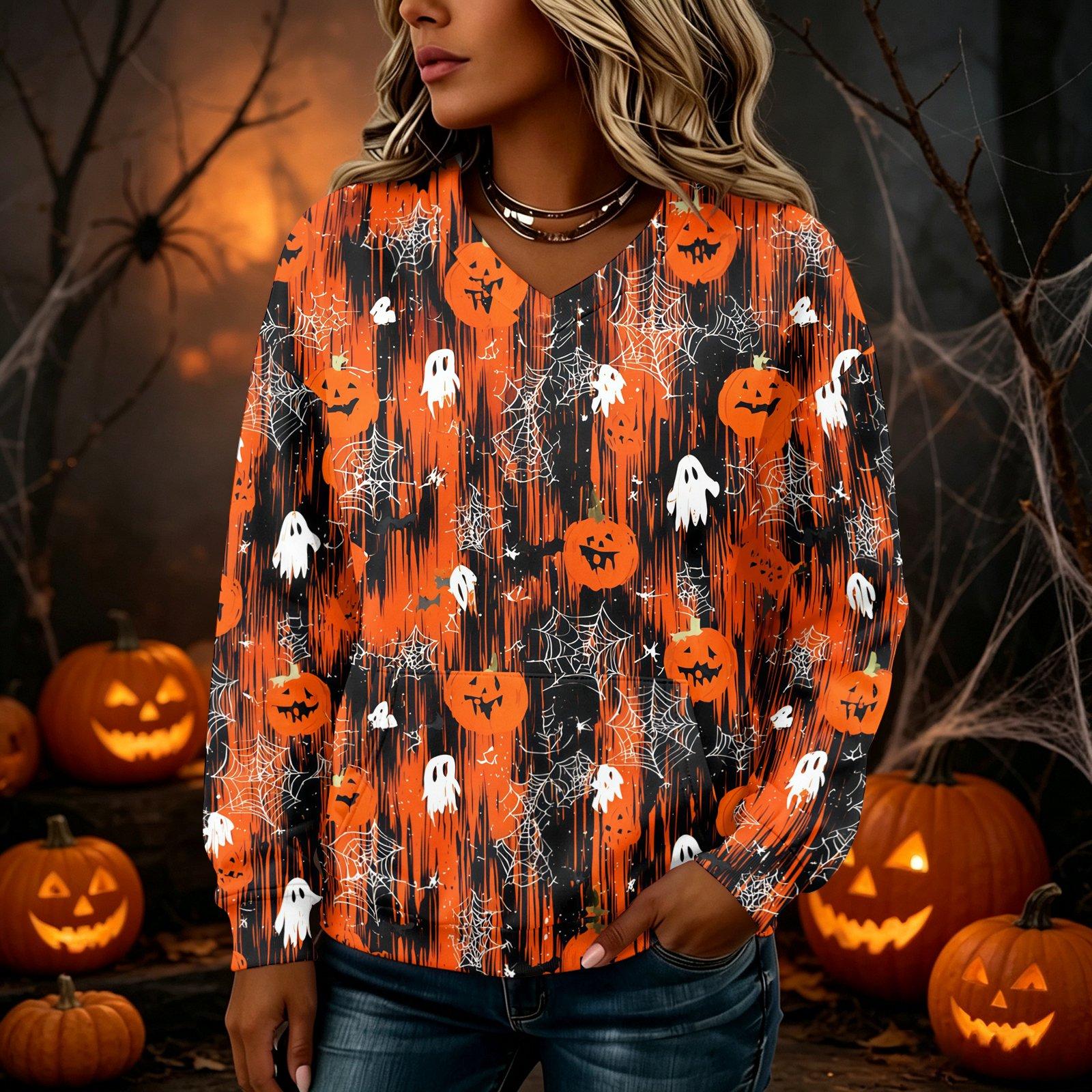 Women s Halloween Print V-Neck Long Sleeve Lightweight Pullover Hoodie with Pockets XXL