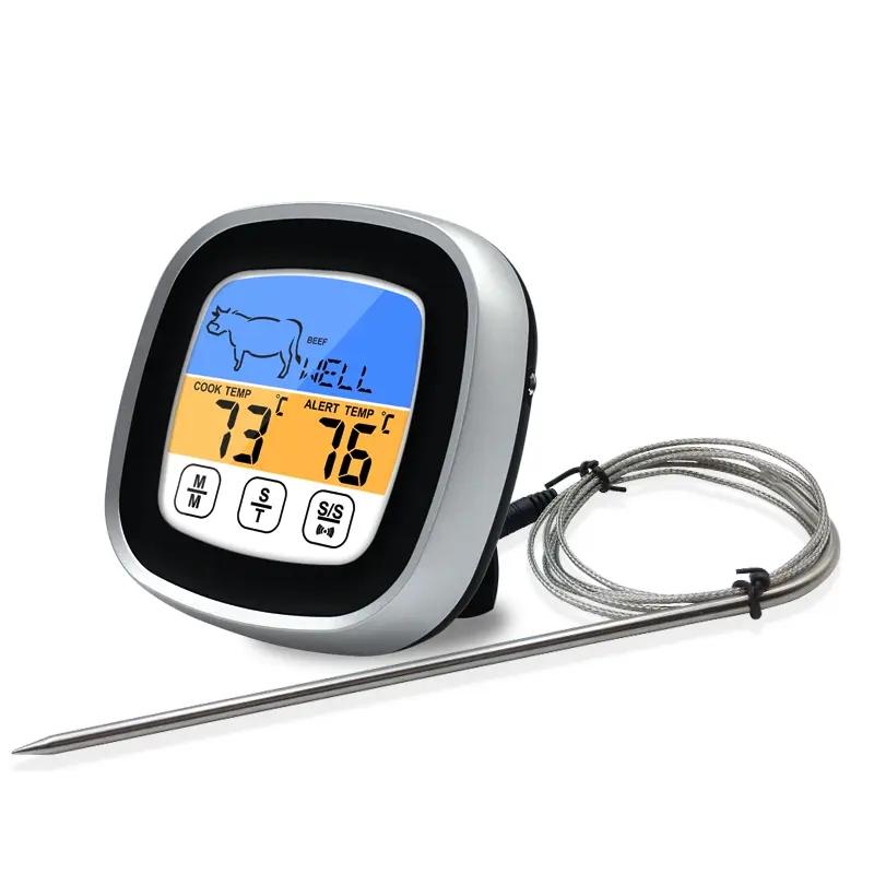 Digital Kitchen Meat Thermometer with Touchscreen LCD Display and Timer, Cook Mode for Grilling BBQ, Precision Probe серебряный