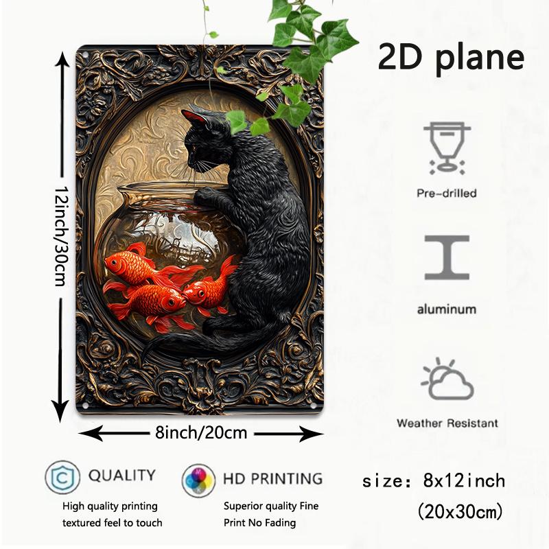 WhimsyCat Aluminum Metal Wall Art, Cat & Goldfish Sign, Durable 2D Tin Decor for Home Studio Classroom