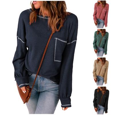 Damen Langarm Einfarbig Tasche Rundhals Lose Herbst Strickoberteil