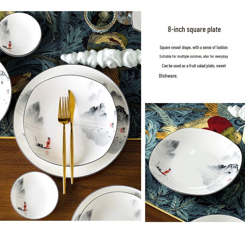 Tangshan Underglaze Ceramic Landscape Ramen Bowl Set