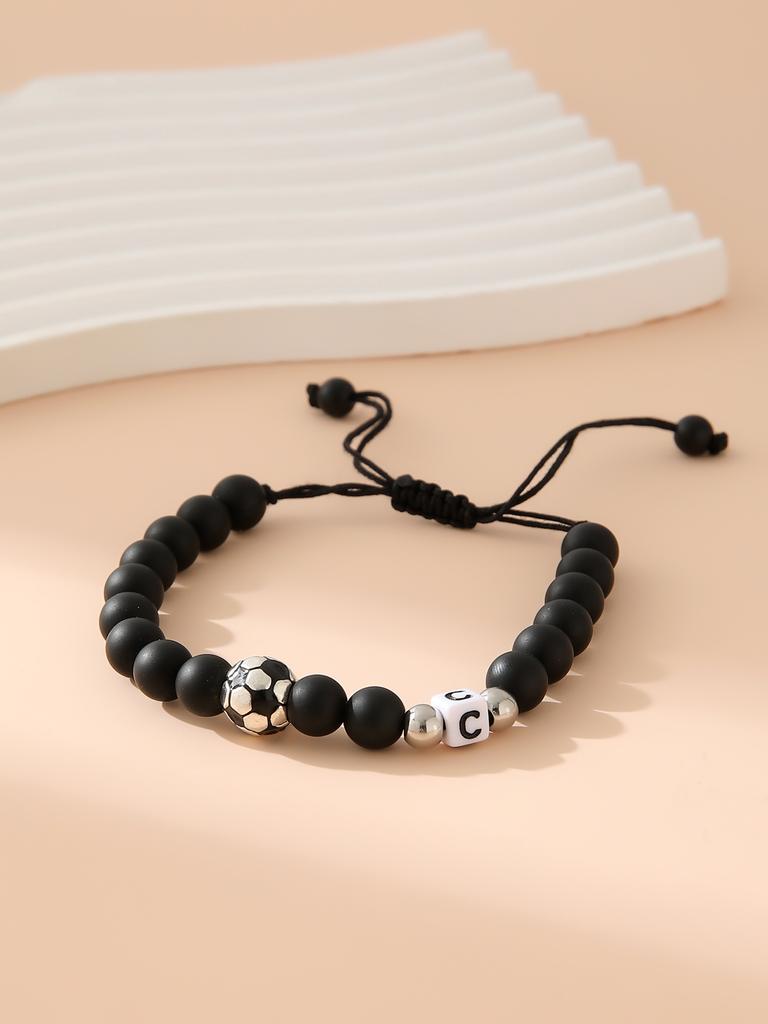 Mattschwarzes Fußball-Alphabet Verstellbares Perlenarmband Unisex Sport-Armband Schmuck