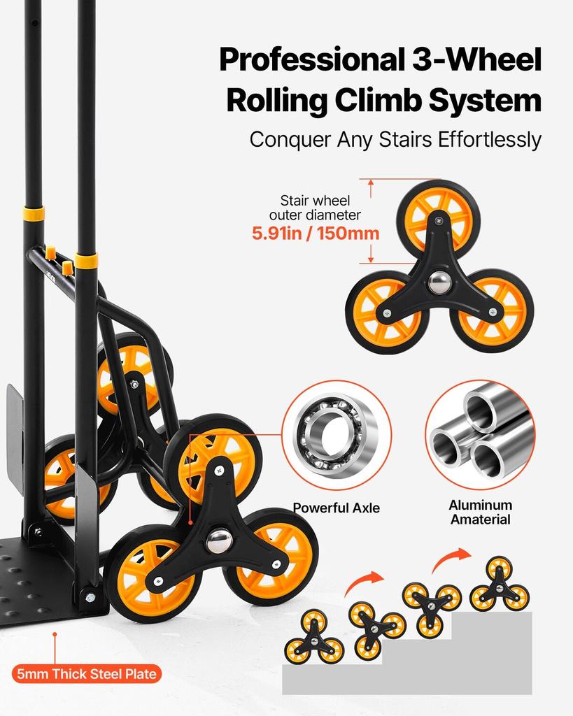 Stair Climbing Cart, 150 kg Stair-Climbing Capacity, Heavy-Duty Folding Trolley Cart with Telescoping Handle, 6 Wheels and 2 Bungee Cords, Stair