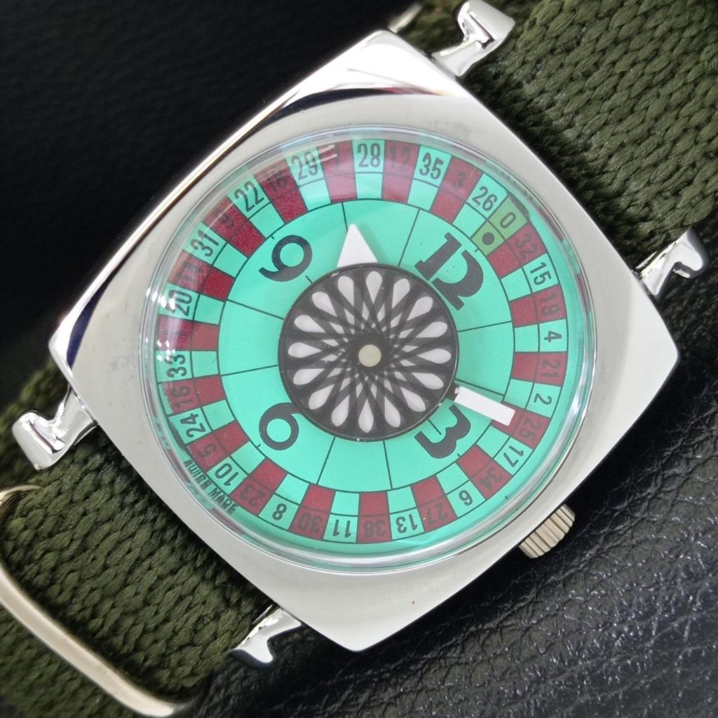 VINTAGE HAND-WINDING SWISS POKER FACE MENS REFURBISHED SEA GREEN WATCH a700933-5 R205a-a700933