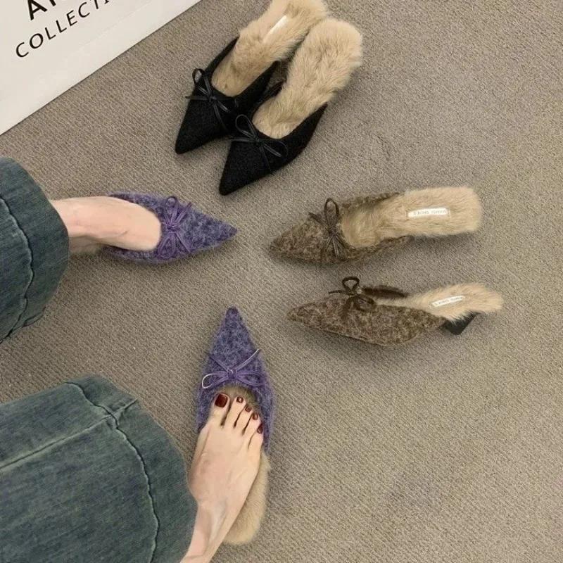 נעלי בית פרוותיות חדשות עם עקב גבוה לאישה, אופנה אלגנטית עם בוהן מחודדת, נעלי בית פרוות כבש לנשים, עקבי מסיבת ערב יוקרתיים לנשים