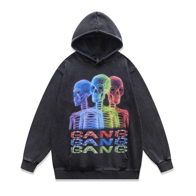 Autumn And Winter 430G Heavy Cotton Hooded Sweater American High Street Retro Skull Print Fried Color Hoodie Men