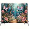 Enchanted Forest Path Pink Butterflies Flowers Sunlight Wall Tapestry Nature Art Decor Home Interior Design Living Room