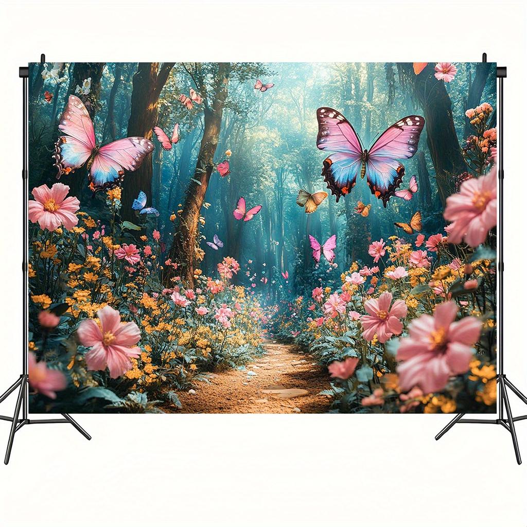 Enchanted Forest Path Pink Butterflies Flowers Sunlight Wall Tapestry Nature Art Decor Home Interior Design Living Room