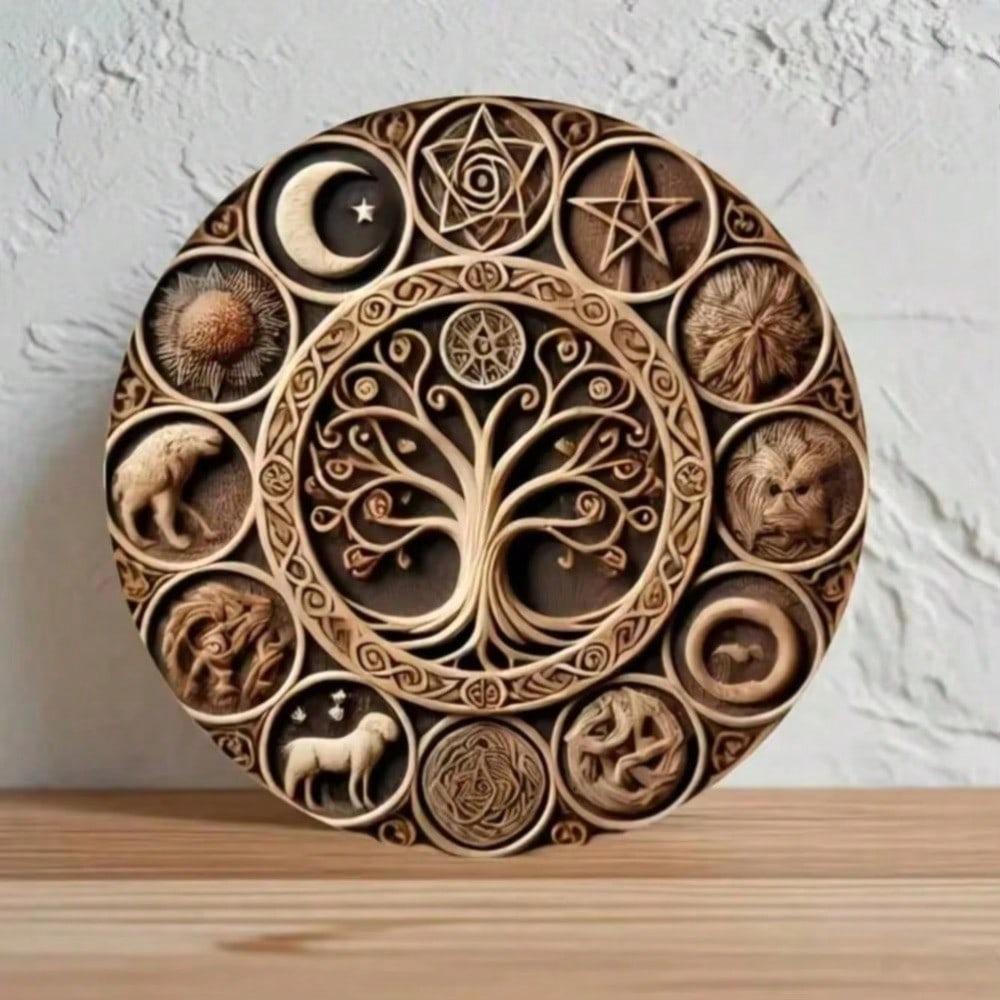 Vintage Celtic Tree Of Life Circular Plaque 7.8 Inch Wall Art Zodiac Natural Symbols Pagan Home Decor
