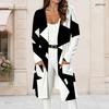 Women Plus Size Open Front Longline Cardigan Long Sleeve Black White Geometric Printed With Pockets