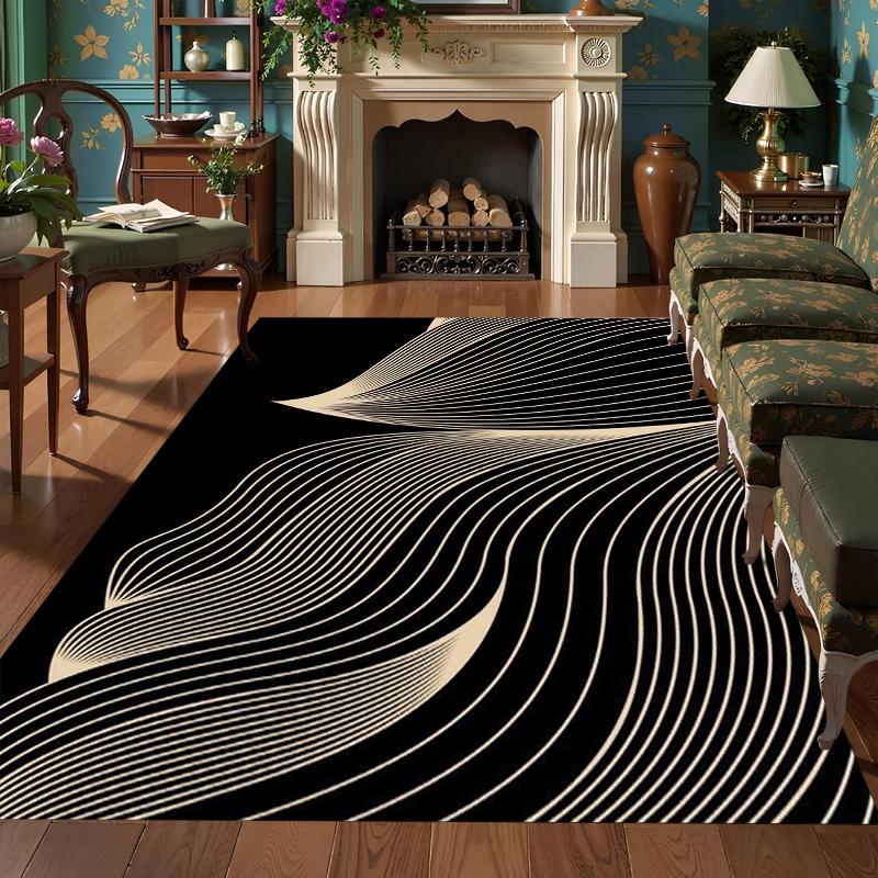 

Black Gold Wavy Line Area Rug Modern Abstract Fluid Pattern Non-Slip Stain Resistant Carpet for Living Room Bedroom Entryway 40x60cm