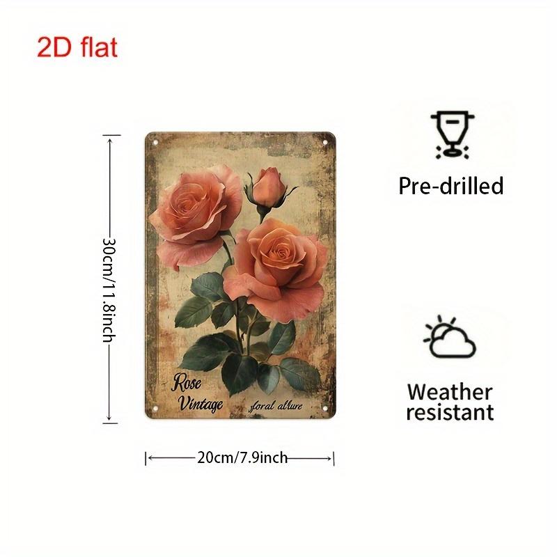 2D Flat, Vintage Rose Metal Wall Art Sign - 8"x12" Elegant Floral Decor with Pre-Drilled Holes, Durable Iron Rust Finish for Hom