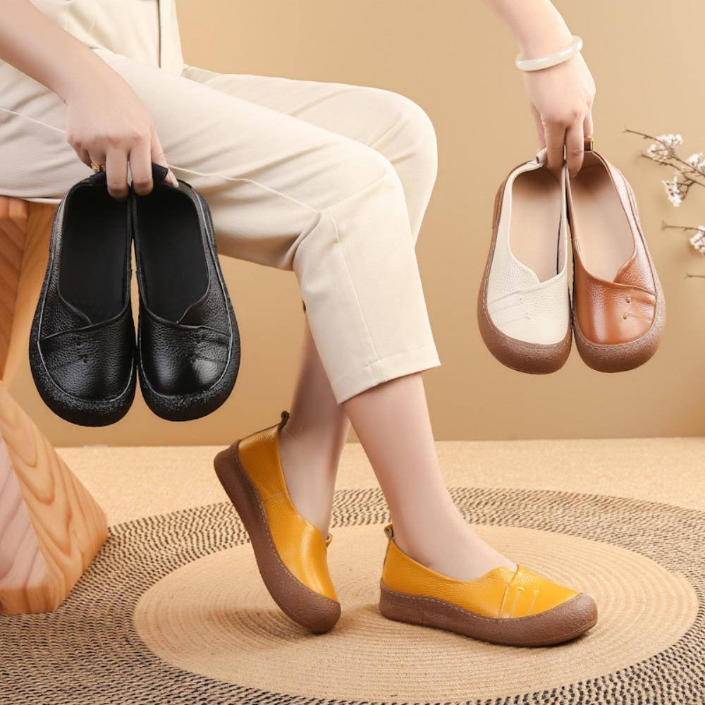 New Top‑Layer Cowhide Mom Slip‑on Shoes, Retro Shallow Mouth Flat Loafers, Anti‑Slip Wear‑Resistant Soft‑Sole Comfort Women Shoes SA‑7022