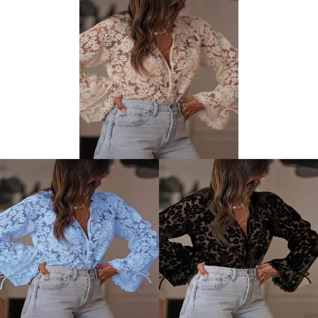 Summer Lace Shirt For Women With Long Sleeves And Round Neck In Pure Color For Street Style Fashion