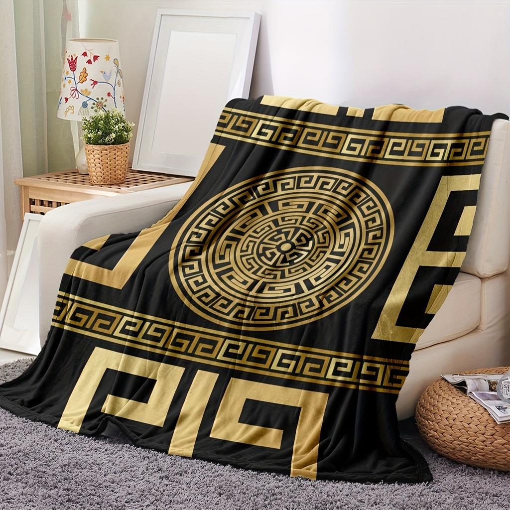Greek Key Pattern Throw Blanket, Luxury Black & Gold Home Decor Blanket