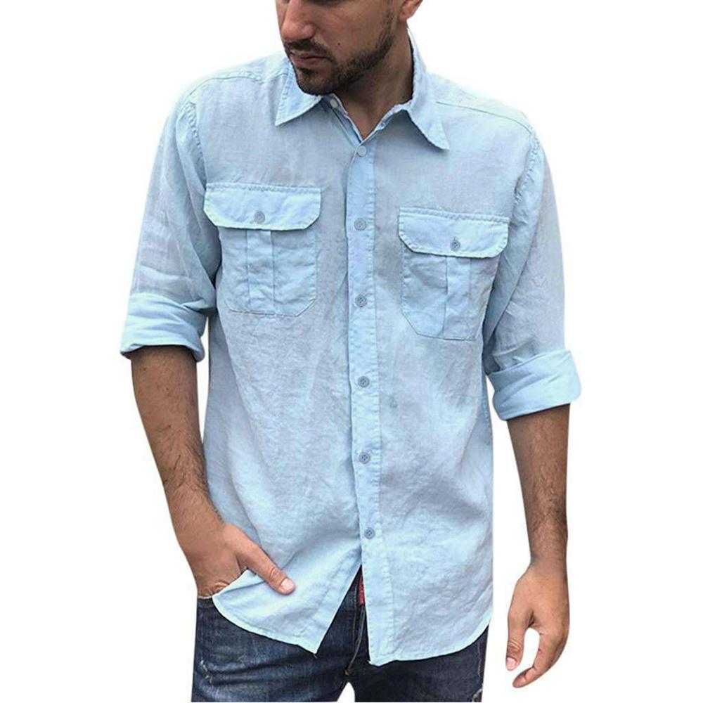 

Men s Classic Long Sleeve Cotton Linen Shirt with Double Pockets M синій