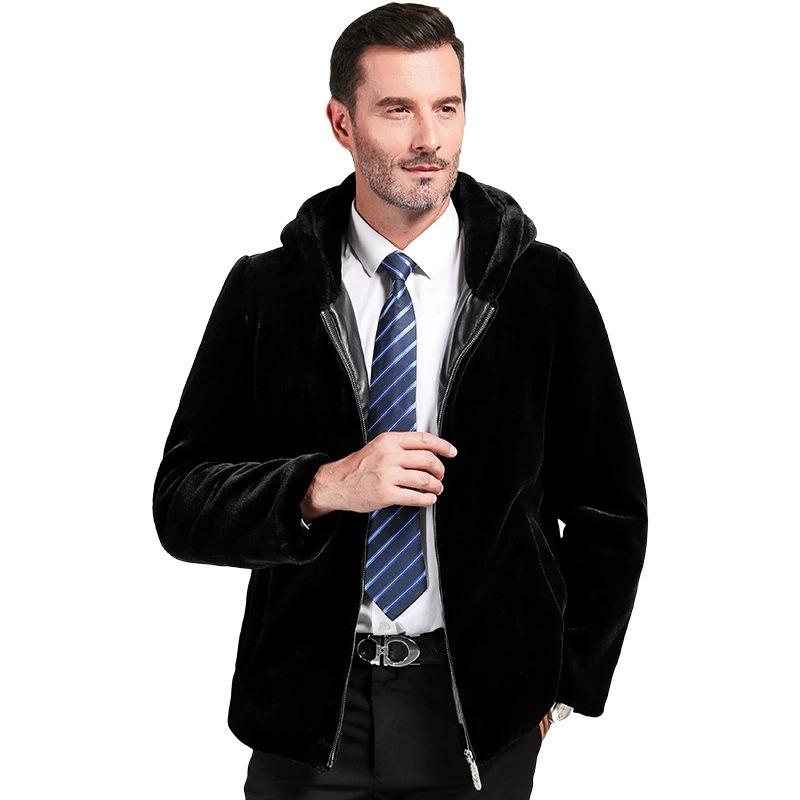 Winter Plush and Thickened Jacket Men's Mink Velvet Hood, Golden Mink Velvet Jacket Middle-aged and Elderly Father's Winter Cardigan New Style