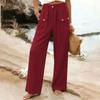 New Women's Casual Summer Cotton Linen Trousers Solid Color Button High Waist Straight Wide Leg Pants