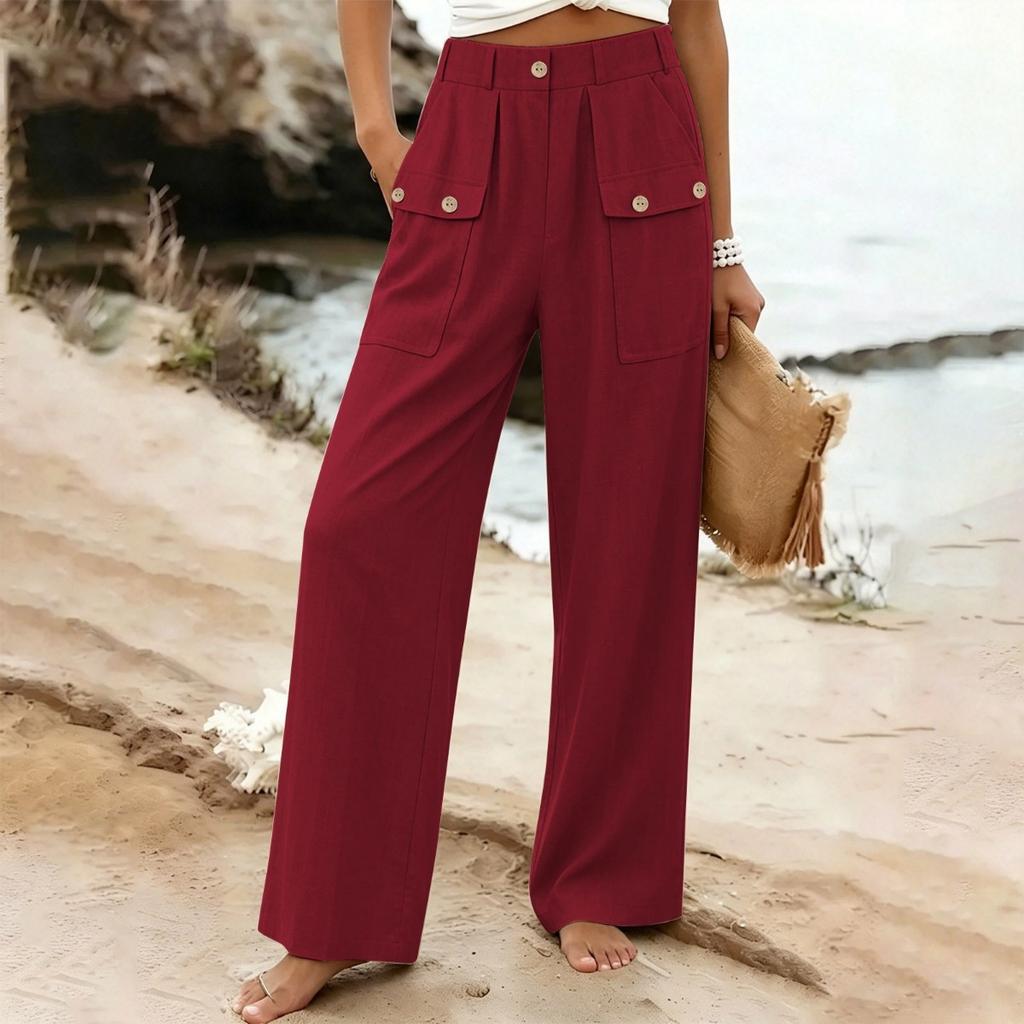 New Women's Casual Summer Cotton Linen Trousers Solid Color Button High Waist Straight Wide Leg Pants