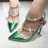 2025 New 10cm Light Blue Snake Pattern One-word Buckle Willow Nails High Heels Pointed Thin Heel Sexy Strap Bag Head Back Empty