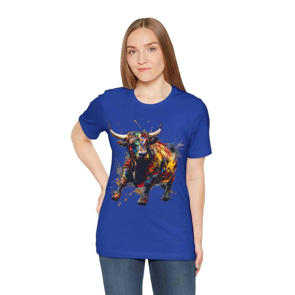 Colorful Running Bull Tee | Abstract Watercolor Bull Shirt
