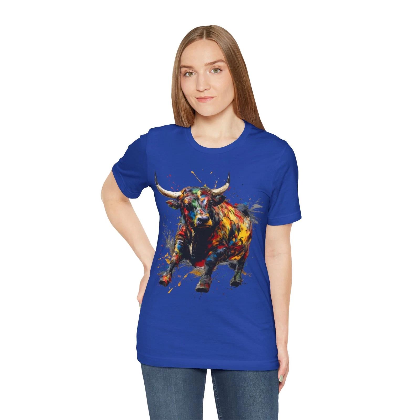 Colorful Running Bull Tee | Abstract Watercolor Bull Shirt S