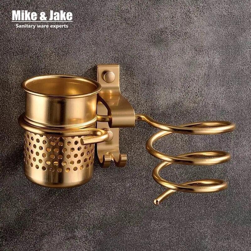 

Золотая подставка для фена с чашкой, подставка для фена, бытовая стойка, держатель для фена, алюминиевая полка, аксессуары для ванной комнаты MJ595