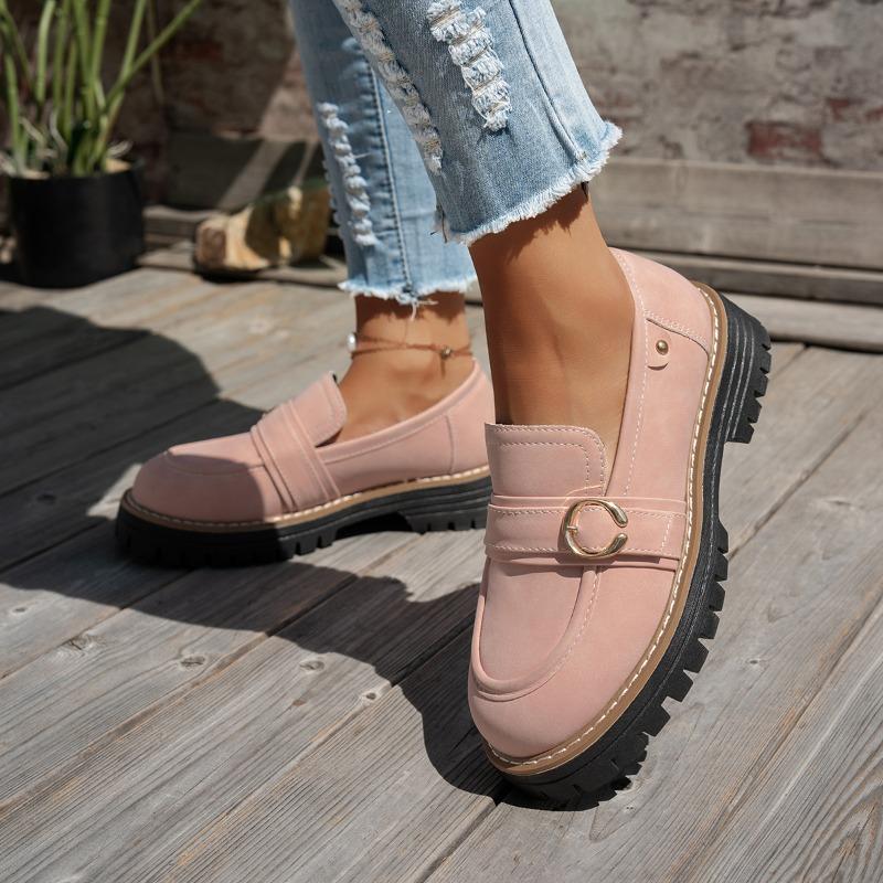 Fashion Women's Block Heel Loafers Autumn New Round Toe Deep Mouth Metal Buckle Platform Non-Slip Kitten Heels
