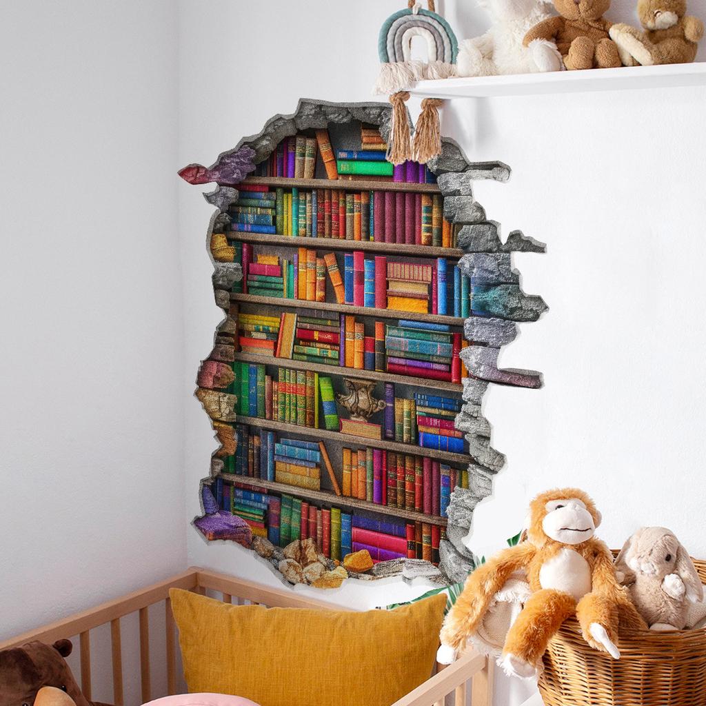 3D Broken Wall Bookcase Wall Stickers, Self-Adhesive Decor for Study Room Door Living Room Bedroom Background Decoration