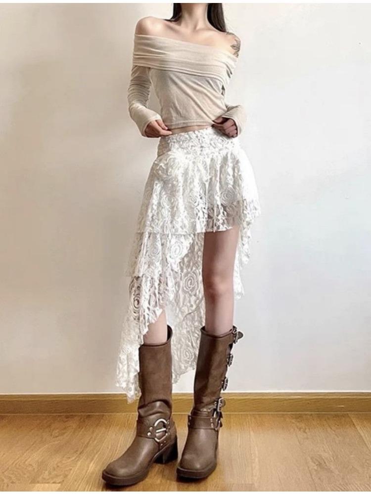 2024 Spring Lace Asymmetrical Skirt Fairycore Holiday Women Y2K Clothes High Waist Fashion Cute Mid Skirts Retro Aesthetic Lady