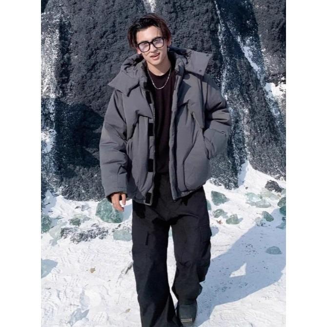 Men's Winter Cotton Jacket: American Style Hooded Coat with Stand Collar, Deconstructed Design, Trendy Cotton Padding.
