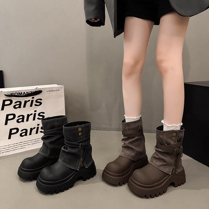 Vintage Thick-soled Martin Boots Children British Style Small Man Taller and Thinner Western Cowboy Short Boots Stacked Pants Tube Boots