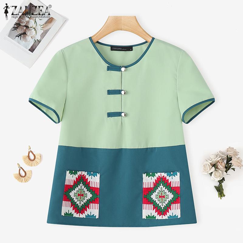 ZANZEA Women Casual Round Neck Short Sleeve Ethnic Print Blouse