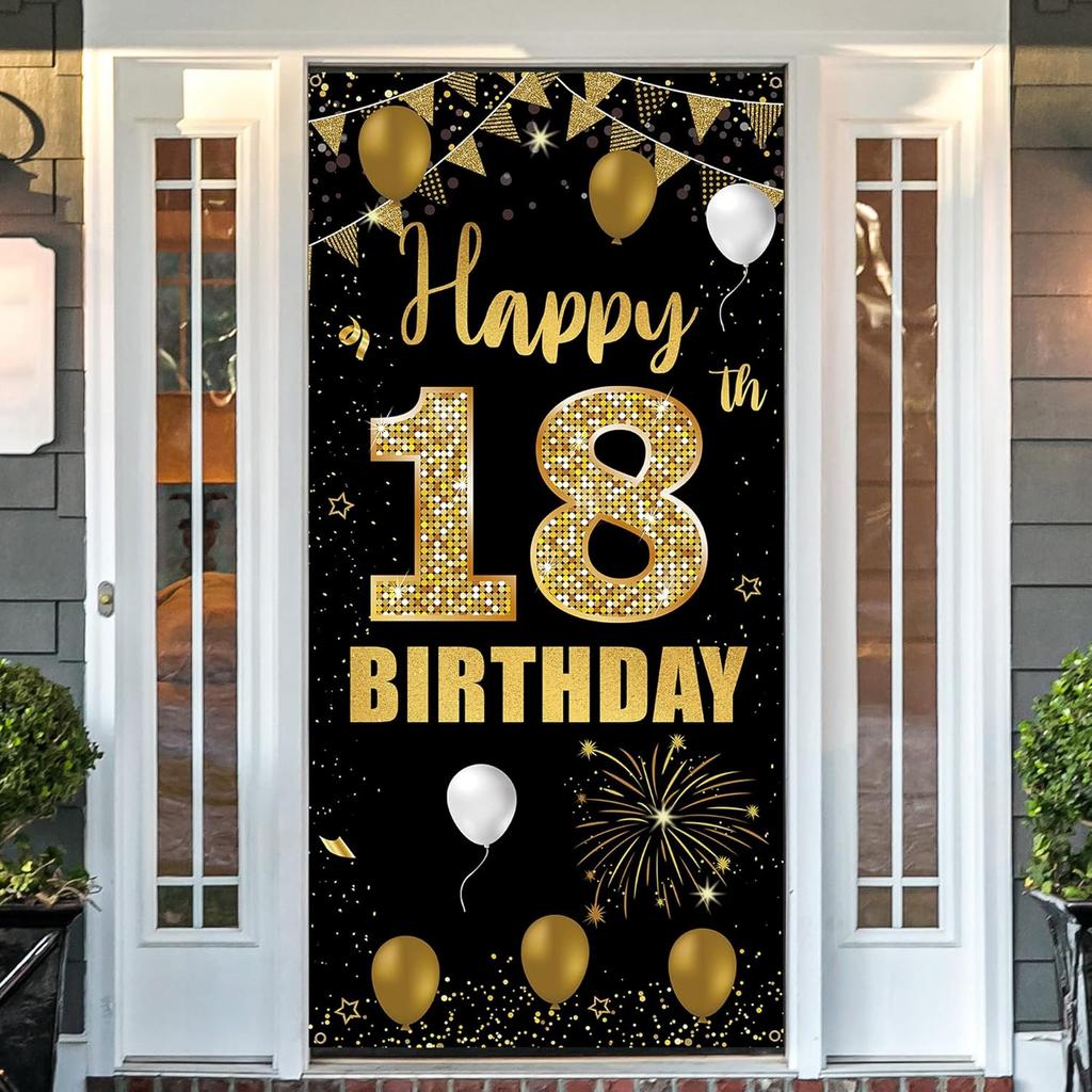 18th Birthday Door Banner Backdrop, Happy 18th Birthday Decorations for Girls Boys Black Gold, 18 Years Old Birthday Party Photo Props Yard Sign for