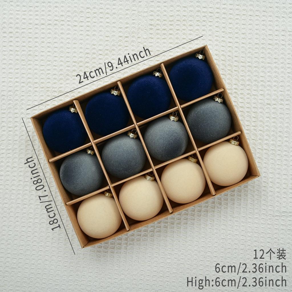 12pcs Flocked Christmas Tree Ball Velvet Christmas Pendant Ornaments Xmas Tree Hanging Balls New Year Party Plush Balls Decor