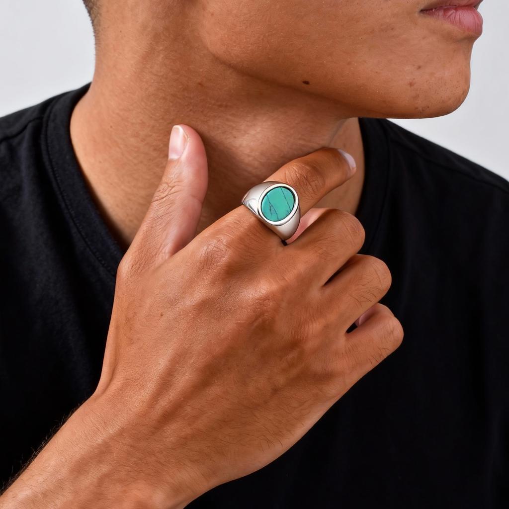 High Quality Natural Stone Ring for Men,Stainless Steel Turquoise Green Doling Signet Ring,Punk Jewelry Gift