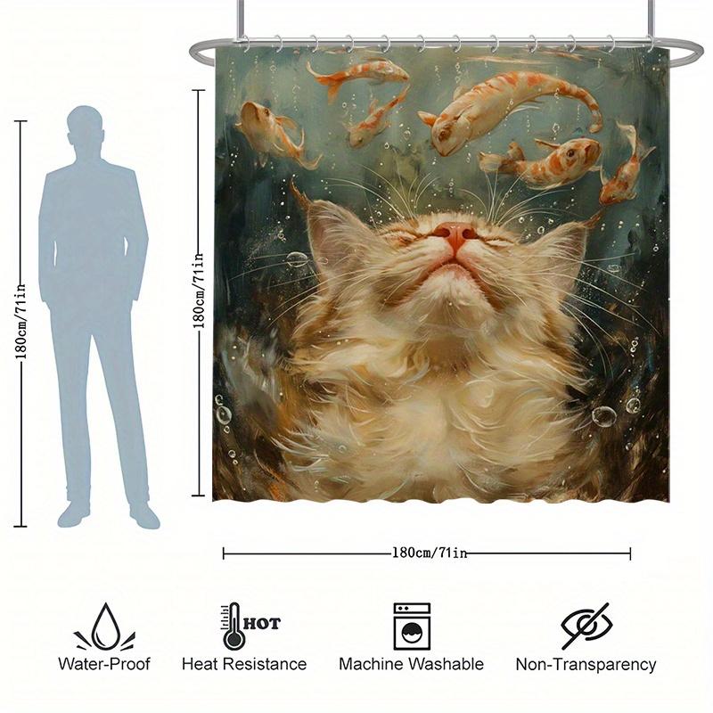 Whimsical Cat Shower Curtain Set, Floating Feline with Koi, Oil Painting Style,  Waterproof Polyester, Modern Bathroom Decor