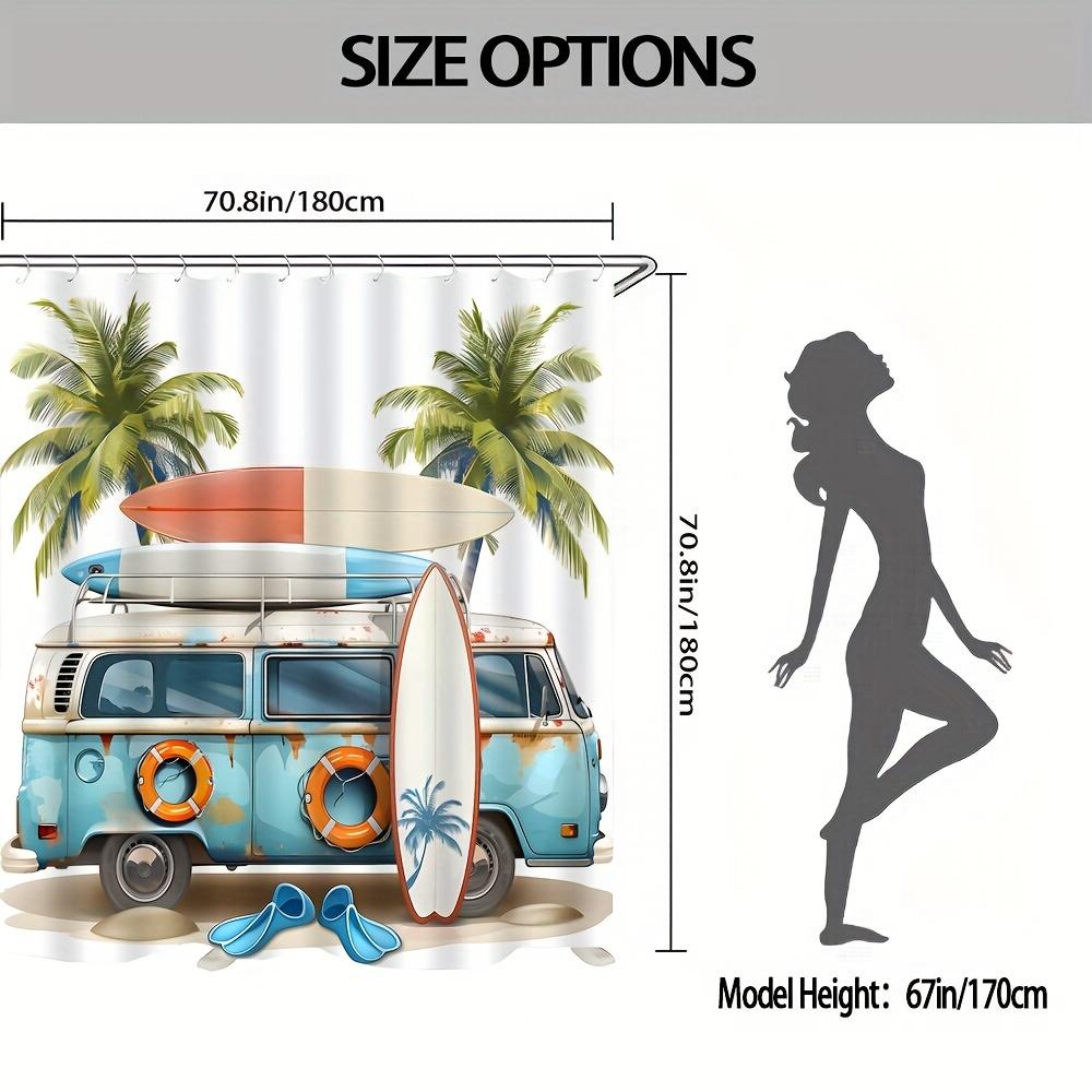 Beach buggy and surfboard shower curtains for bathroom decoration, perfect for adding coastal charm and atmosphere