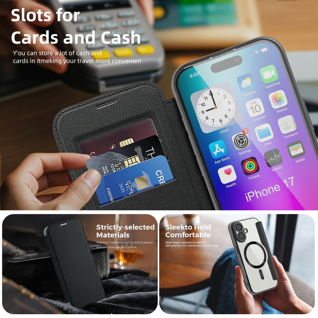 For iPhone 17 Case Compatible with MagSafe RFID Blocking Leather Phone Cover