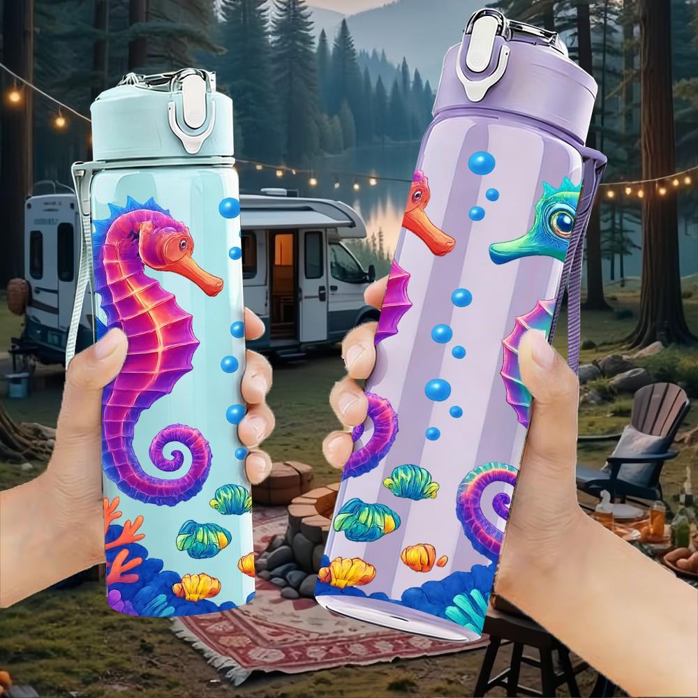 1PC Colorful Seahorse Ocean Pattern Print 750ml Color Plastic Sports Water Bottle Leakproof Flip Straw Lid Suitable for Sports Office Home Use