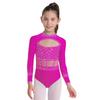 Girls Dance Bodysuit Long Sleeve Rhinestone Leotard with Back Zipper & Cutout for Performance
