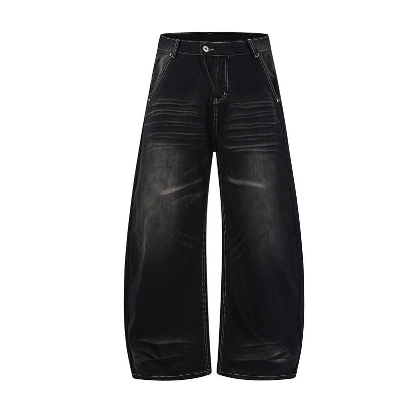 Mens Relaxed Fit Washed Denim Jeans Wide Leg Straight Cut Streetwear Cargo Pocket Pants