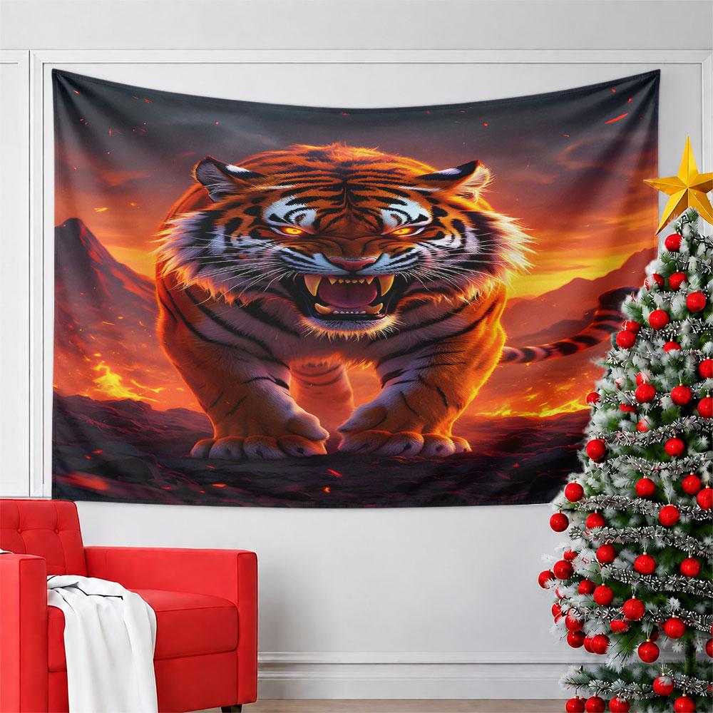"Fierce Tiger in Fiery Landscape" Pattern Wall Hanging Tapestry Decorative Tapestry Home Decor for Bedroom and Living Room