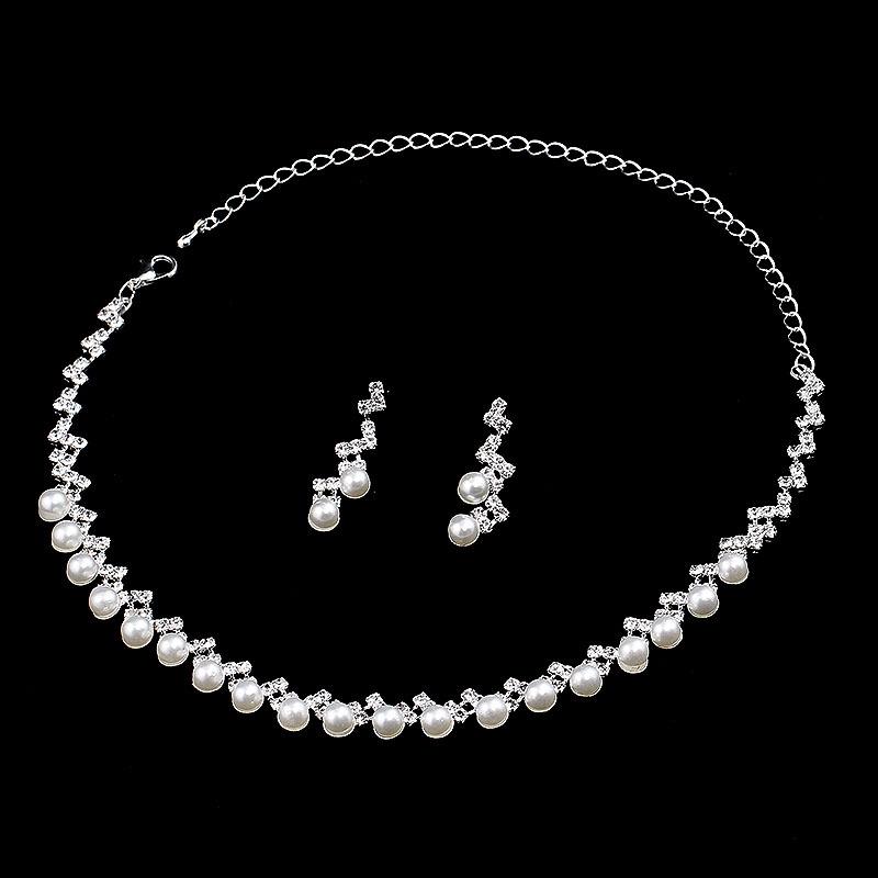 Korean Edition Fashion Elegant Lightning Copper Sparkling Diamond Round Pearl Luxury Bridal Jewelry Necklace Earrings Set Women's